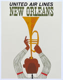 New Orleans tourism poster - United Air Lines - Trumpet - Music  Jazz - travel - holidays - decorative art print - offset litho