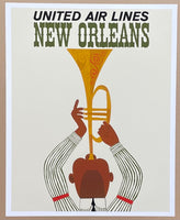 New Orleans tourism poster - United Air Lines - Trumpet - Music  Jazz - travel - holidays - decorative art print - offset litho