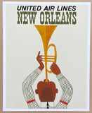 New Orleans tourism poster - United Air Lines - Trumpet - Music  Jazz - travel - holidays - decorative art print - offset litho