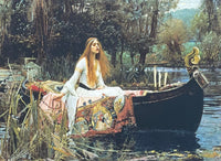 JW Waterhouse exhibition poster - The lady of Shalott - romantic classic garden - woman in boat - art print