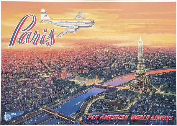 Pan American World Airways exhibition poster - Paris - Eiffel Tower - Airplane - decorative art print- travel tourism - 2000