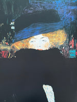 Gustav Klimt exhibition poster - Lady with hat - female portrait - black - blue - museum artist - art print - offset litho