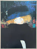 Gustav Klimt exhibition poster - Lady with hat - female portrait - black - blue - museum artist - art print - offset litho