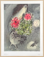 Marc Chagall exhibition poster - Woman, flowers and bird - museum artist - art print - 1970s