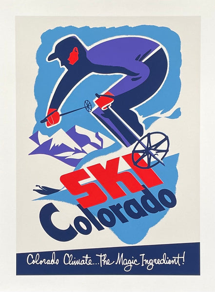 Ski Colorado exhibition poster - winter sport - skiing - snow - mountains - tourism - decorative art print - offset litho - reproduction