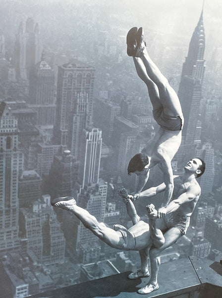 Acrobats high in the air -exhibition poster - New York City - skyline - skyscraper - dangerous - black white photography - art print - 1998