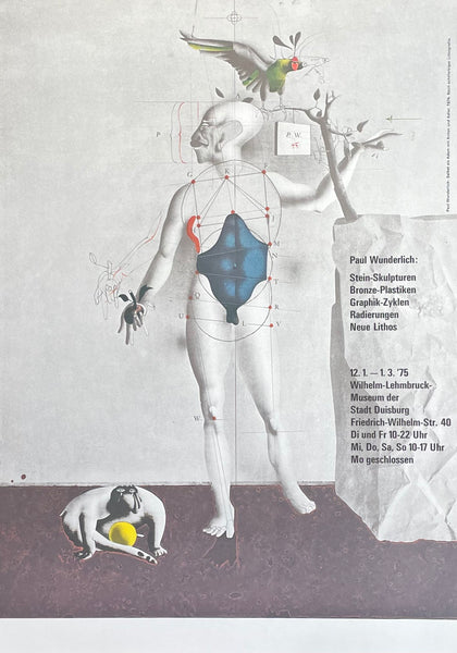 Paul Wunderlich exhibition poster - Self portrait - very rare - museum artist - art print - 1975