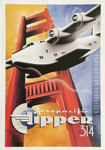 Michael Kungl exhibition poster - Clipper 314 - Golden Gate Bridge - San Francisco - airplane - aviation - art print - travel tourism