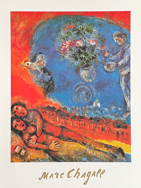 Marc Chagall exhibition poster - Couple of lovers on a red background - museum artist - art print - offset lithograph - romantic