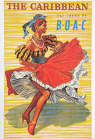 The Caribbean tourism poster - Fly there by BOAC - sun - tropical - red dress - dancing - decorative art print - offset litho - 2007