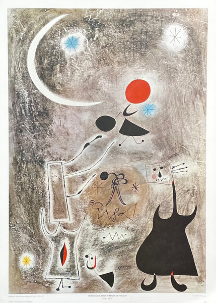 Joan Miro exhibition poster - Woman and birds in front of the sun - surrealism - offset litho - museum artist - early art print - 1970s