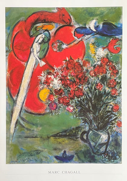 Marc Chagall exhibition poster - Flowers - still life - love - lovers - museum artist - art print - 1991 - red blue green - romantic - large