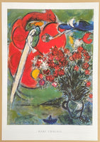 Marc Chagall exhibition poster - Flowers - still life - love - lovers - museum artist - art print - 1991 - red blue green - romantic - large