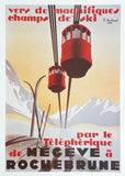 Megeve - Rochebrune exhibition poster - Winter Sport - skiing - ski lift - snow - mountains - tourism - decorative art print - reproduction