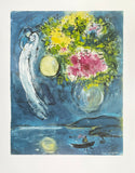 Marc Chagall exhibition poster - Lovers and vase with flowers - museum artist - art print - blue - still life - 1994