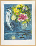 Marc Chagall exhibition poster - Lovers and vase with flowers - museum artist - art print - blue - still life - 1994