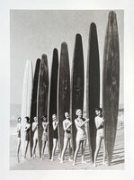 Eight girls on the beach with vintage longboards - exhibition poster - Classic swimwear - black white photography - art print