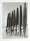 Eight girls on the beach with vintage longboards - exhibition poster - Classic swimwear - black white photography - art print