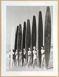 Eight girls on the beach with vintage longboards - exhibition poster - Classic swimwear - black white photography - art print