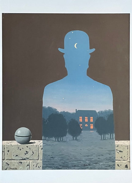 Rene Magritte exhibition poster - The happy donor - surrealist - Belgian artist - man - hat - moon - museum artist - art print - blue