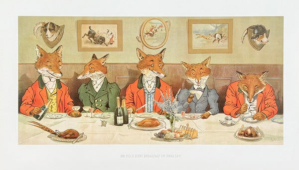 Harry B Neilson exhibition poster - Mr Fox's Hunt Breakfast - British Illustrator - Christmas dinner - art print