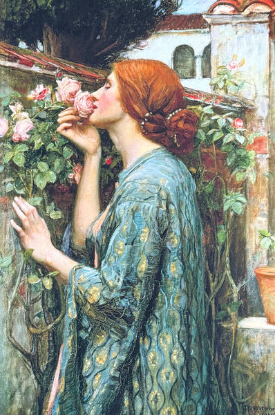 JW Waterhouse exhibition poster - The soul of the rose - romantic classic garden - woman smelling flowers - museum artist - art print