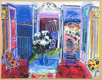 Raoul Dufy exhibition poster - Interior with open windows - still life - blue - museum artist - art print - excellent condition