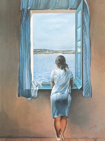 Salvador Dali exhibition poster - Young Woman at a window - museum artist - art print - sea - view