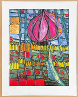 Hundertwasser exhibition poster - Rain falls in garden - museum artist - art print - black - excellent - 1995
