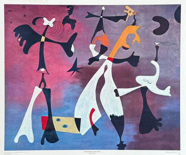 Joan Miro exhibition poster - Personnages with Star - surrealism - museum artist - early art print - 1970s